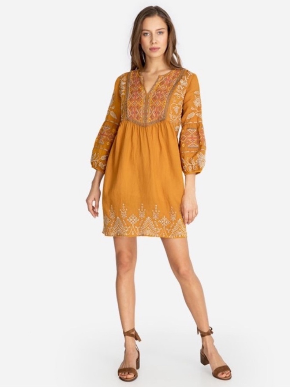 Johnny Was Chai Paris Embroidered Tunic Dress in Gold Sz M